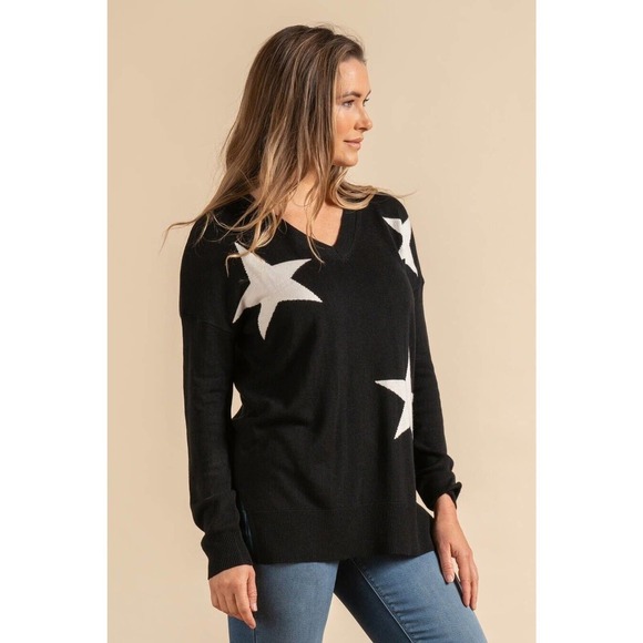 Laurie Felt Cashmere Blend Intarsia V-Neck Star Print Sweater sz M - Picture 5 of 11